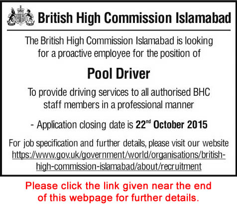 Pool Driver Jobs in British High Commission Islamabad 2015 October