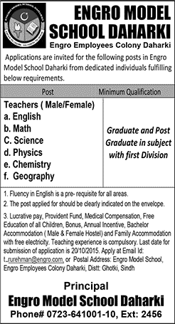 Engro Model School Daharki Jobs 2015 October Sindh Teaching Faculty / Teachers