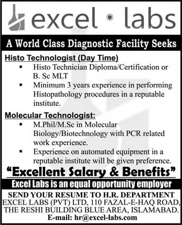 Excel Lab Islamabad Jobs 2015 October Histo Technologist & Molecular Technologist Latest