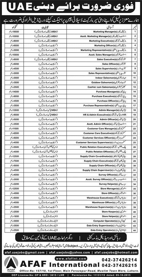 Administrative Jobs in Dubai 2015 October for Pakistanis through AFAF International Latest