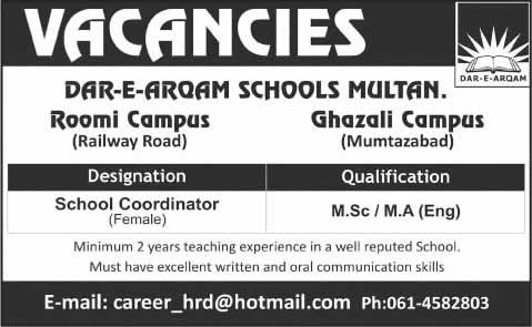 Dar-e-Arqam School Multan Jobs 2015 October School Coordinators at Roomi & Ghazali Campus