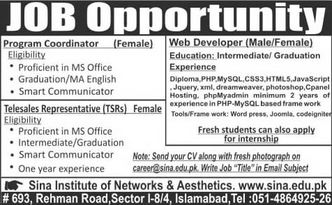 Sina Institute Islamabad Jobs 2015 October Telesales Representatives, Web Developer & Program Coordinator