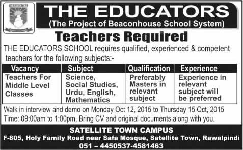 The Educators School Rawalpindi Jobs 2015 October Teaching Faculty Interviews at Satellite Town Campus