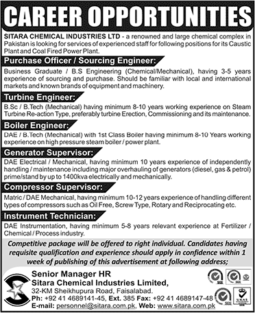 Sitara Chemical Industries Faisalabad Jobs 2015 October Purchase Officer, Engineers & Others