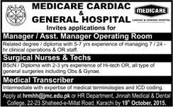 Medicare Cardiac & General Hospital Karachi Jobs 2015 October Nurses, Technicians & Others