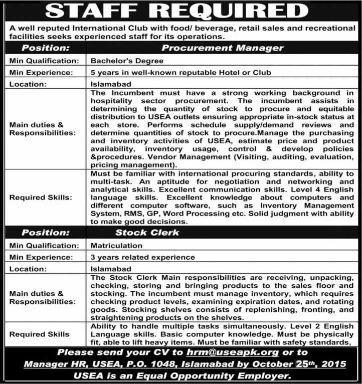 United States Employee Association Islamabad Jobs 2015 October USEA Procurement Manager & Stock Clerk