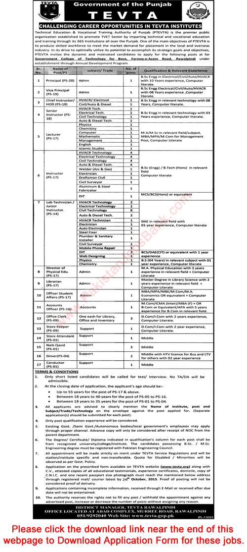 Government College of Technology Rawalpindi Jobs 2015 October TEVTA Application Form Latest