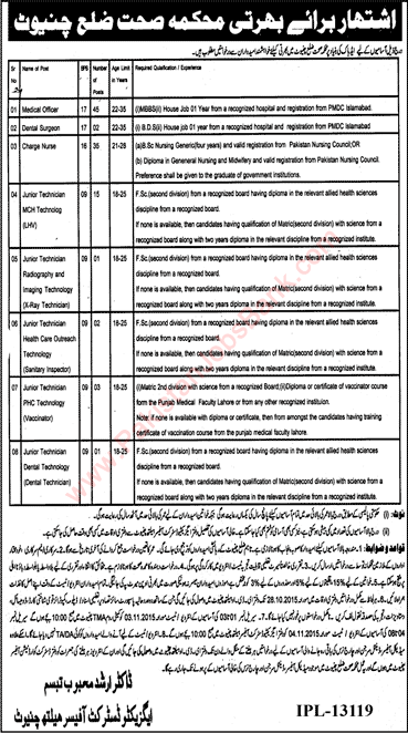 Health Department Chiniot Jobs 2015 October Nurses, Medical Officers, LHV & Junior Technicians Latest