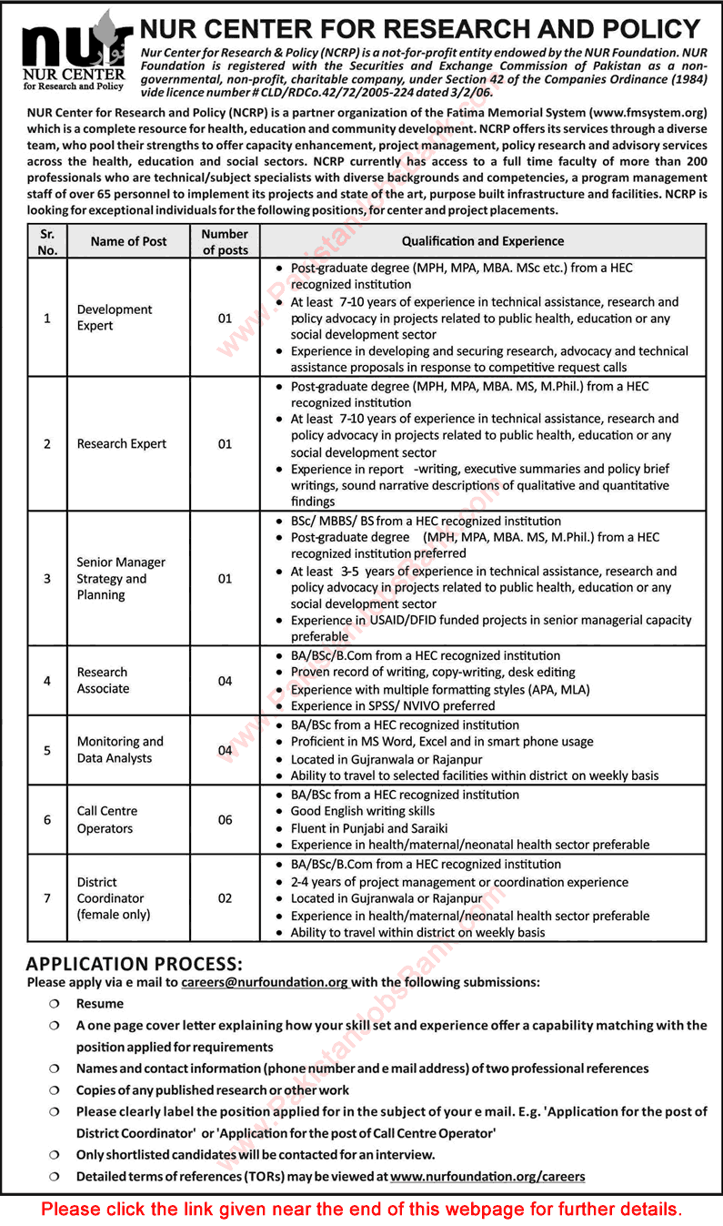 Nur Center for Research and Policy Lahore Jobs 2015 October Experts, Research Associates & Others