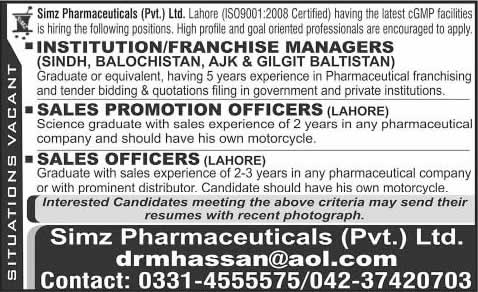 Simz Pharmaceuticals Jobs 2015 October Franchise Managers & Sales Promotions Officers Latest