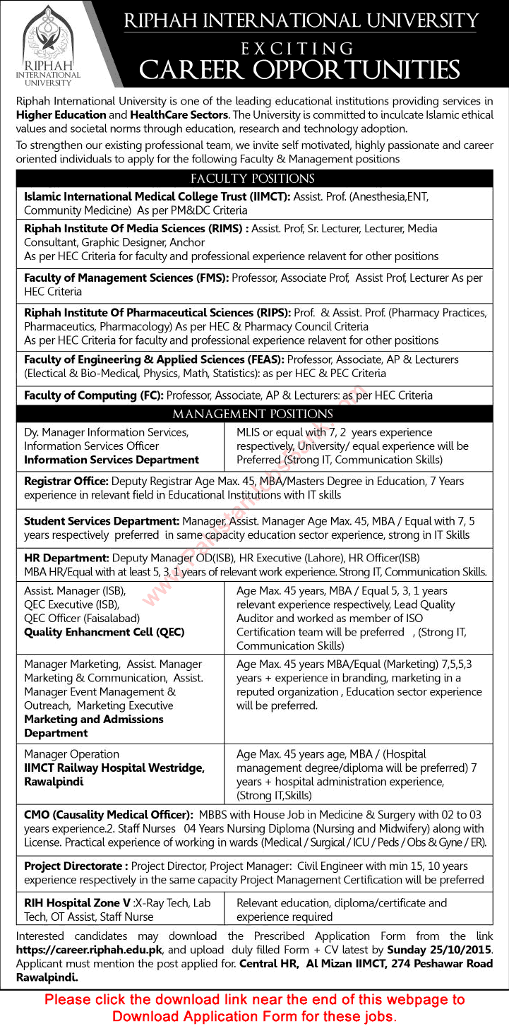 Riphah International University Jobs 2015 October Application Form Teaching Faculty & Management Staff