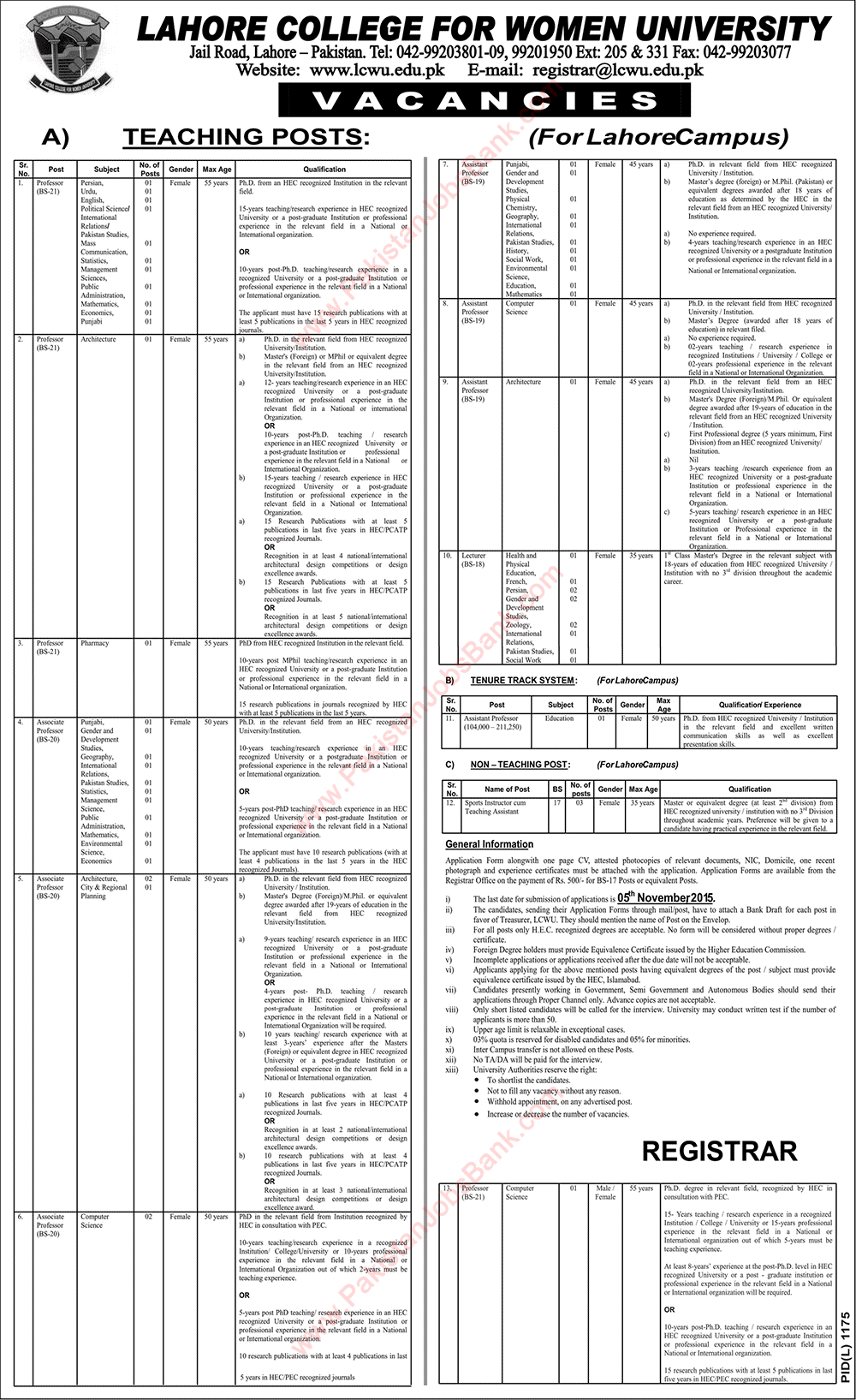 Lahore College for Women University Jobs 2015 October LCWU Teaching Faculty Latest