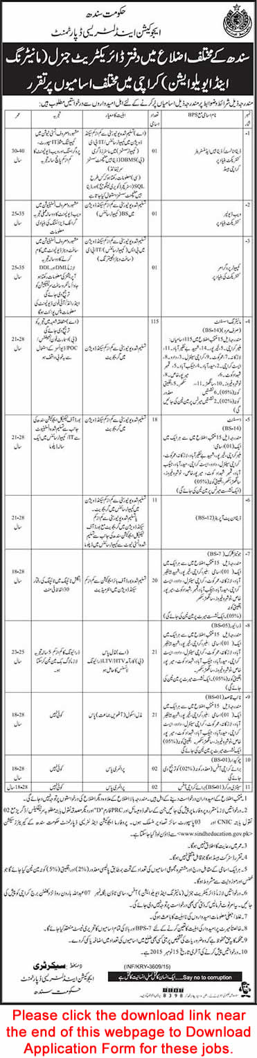 Education and Literacy Department Sindh Jobs 2015 October Application Form Download Latest