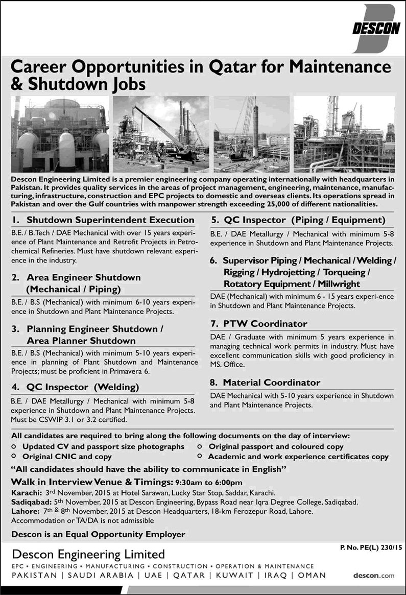Shutdown Jobs in Qatar 2015 October for Pakistani Engineers at DESCON Engineering Limited Latest