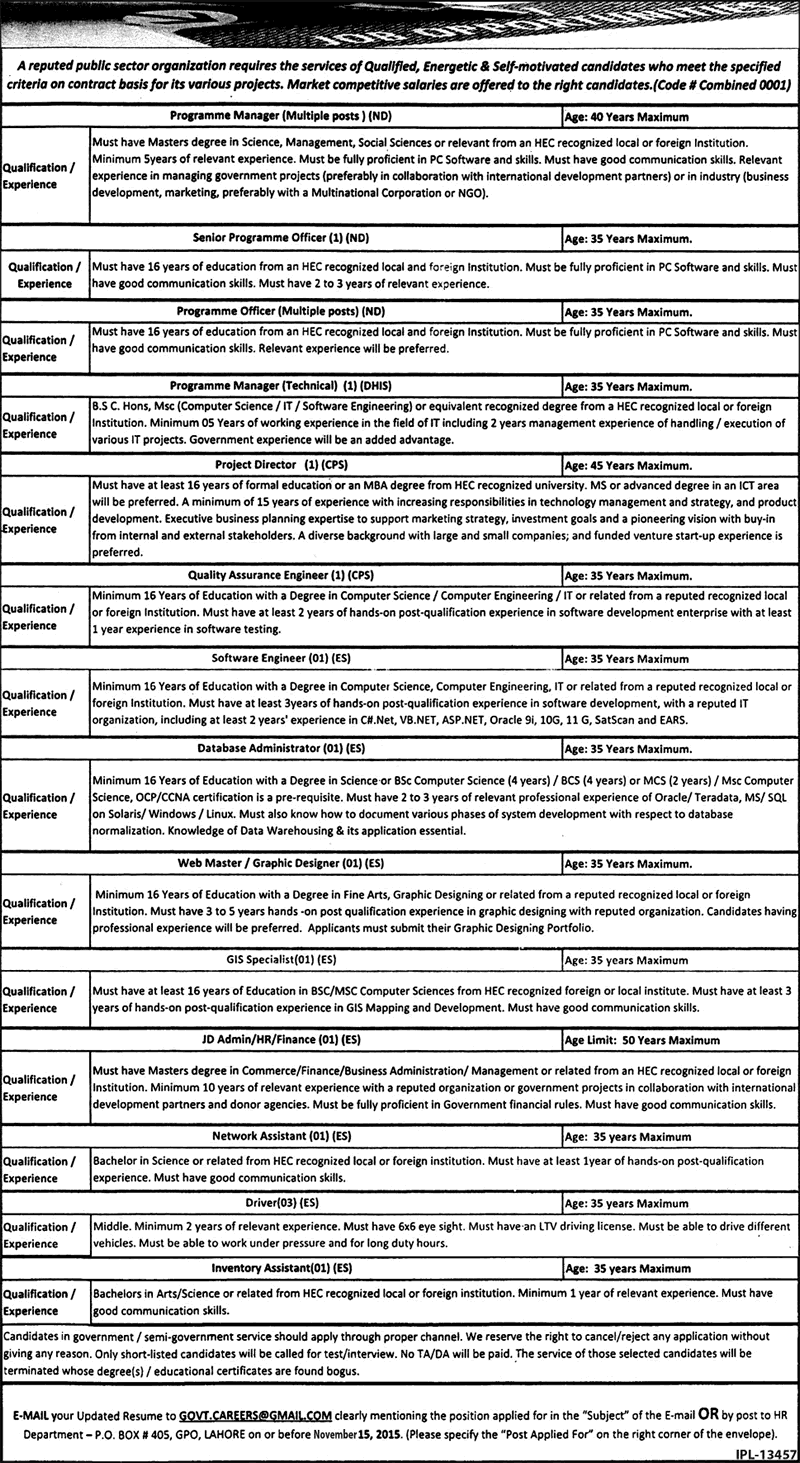 PO Box 405 GPO Lahore Jobs October 2015 Punjab Information Technology Board Latest