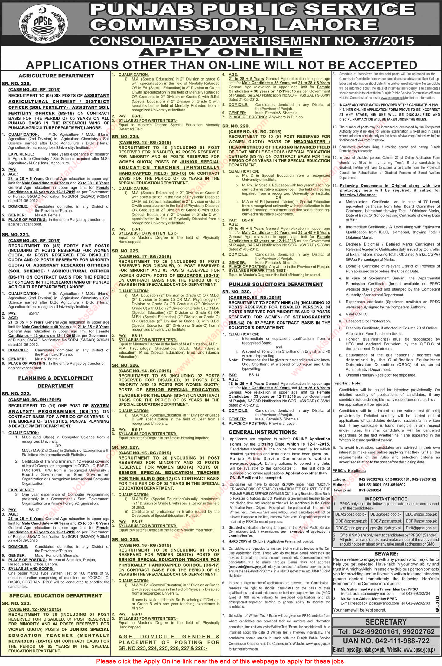 Special Education Department Punjab Jobs 2015 October PPSC Online Application Form Latest