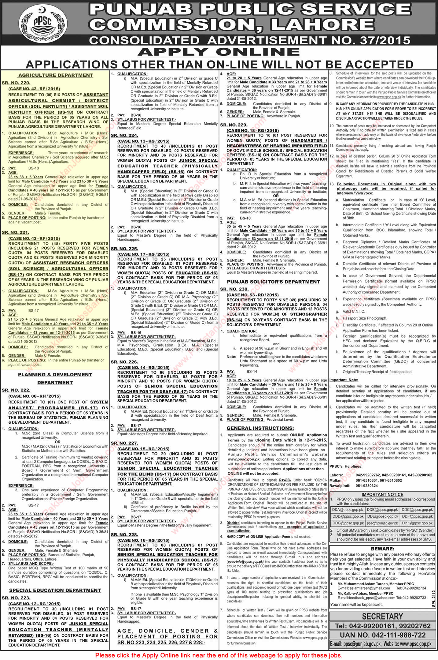 Agriculture Department Punjab Jobs 2015 October PPSC Apply Online Agriculture / Research Officers & Others