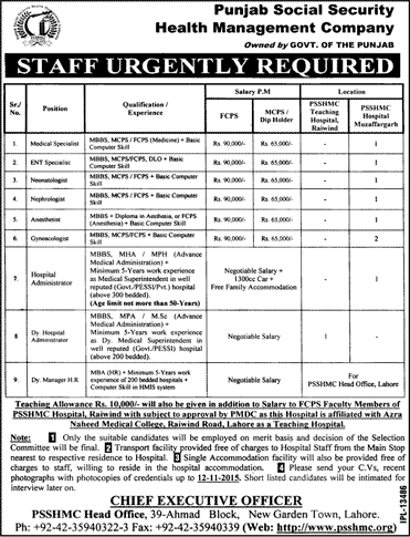 Punjab Social Security Health Management Company Jobs 2015 October PSSHMC Medical Specialists & Others