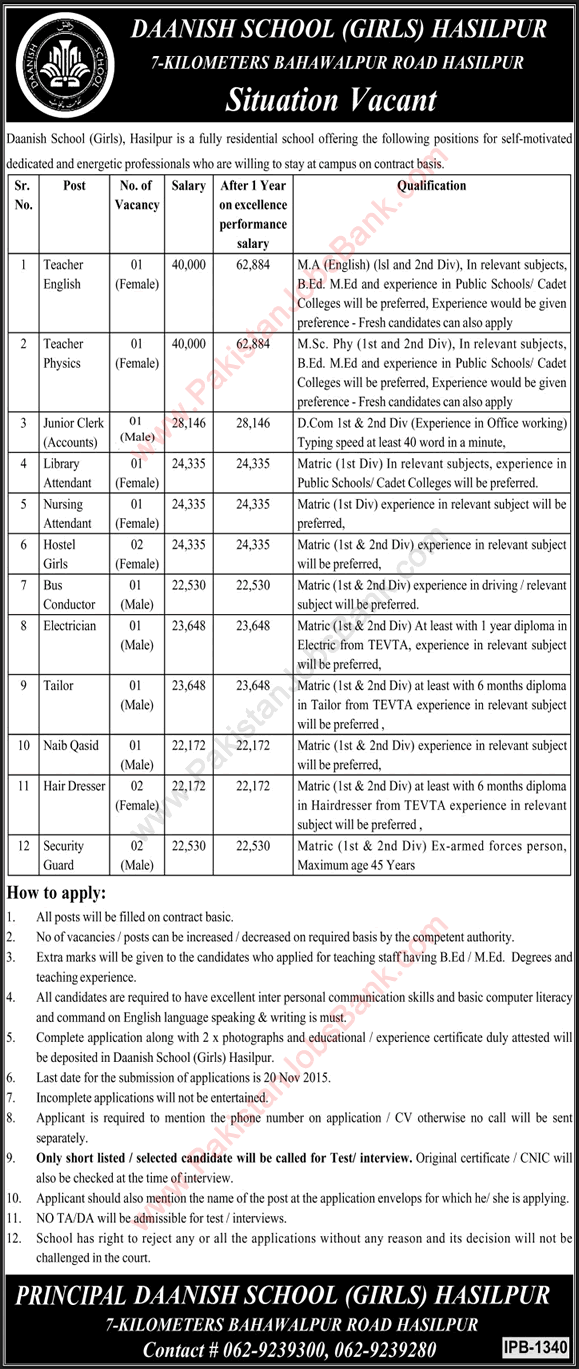 Danish School Hasilpur Jobs 2015 October Teaching Faculty, Clerks, Library Attendant & Others Latest