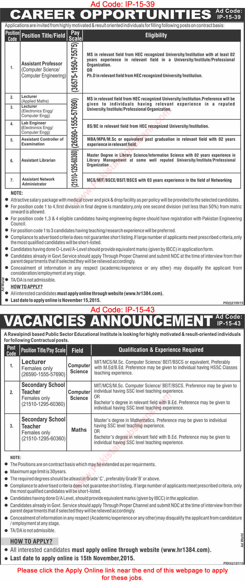 www.hr1384.com Jobs November 2015 KRL Online Apply Public Sector Educational Institutes Latest