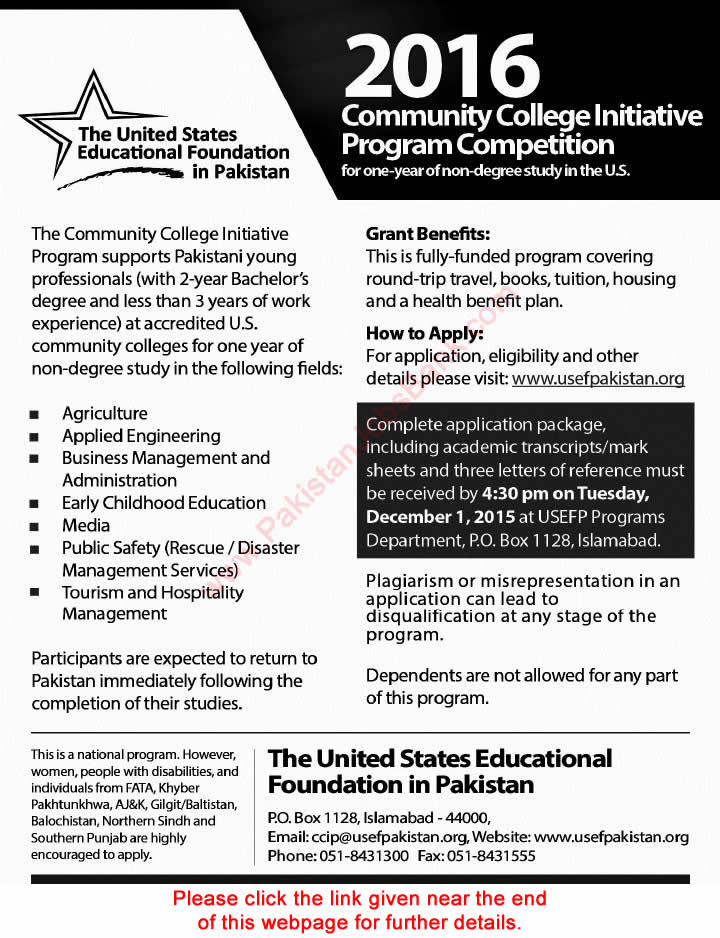 Community College Initiative Program 2016 USEF Pakistan Scholarships Application Form Latest