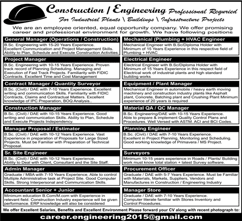 Construction Jobs in Pakistan November 2015 Civil / Mechanical / Electrical Engineers & Admin Staff
