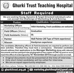 Ghurki Trust Teaching Hospital Lahore Jobs 2015 November Marketing / Field Officers & Others