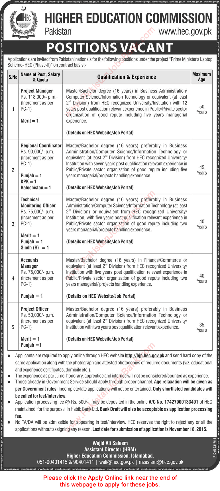 Higher Education Commission Jobs 2015 November HEC Apply Online Monitoring Officer, Project Officer & Others