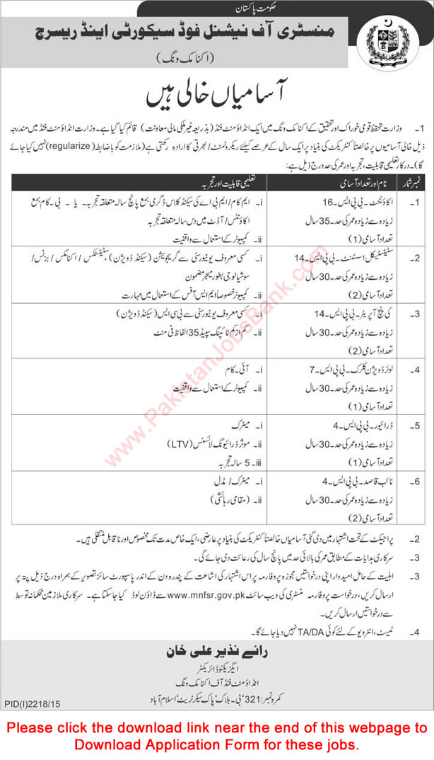 Ministry of National Food Security and Research Islamabad Jobs 2015 November MNFSR Application Form