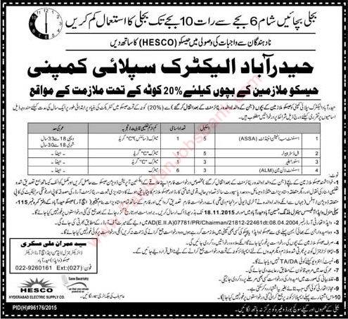 HESCO Jobs 2015 November WAPDA Employees Children Quota Assistant Lineman, Bill Distributor & Others