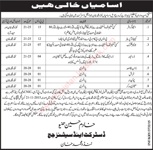 District and Session Court Tando Muhammad Khan Jobs 2015 November Sindh Stenographer, Clerks & Others