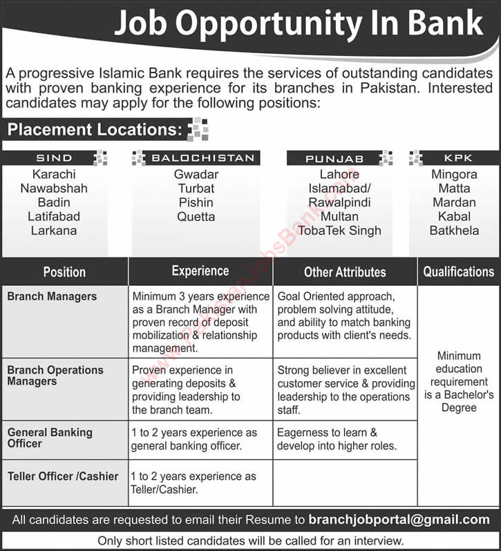 Islamic Banking Jobs in Pakistan 2015 November Branch Managers / Operations, Banking Officers & Cashiers