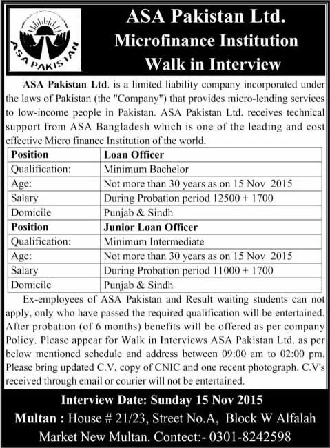 Loan Officers Jobs in ASA Pakistan 2015 November Walk in Interviews for Microfinance Institution