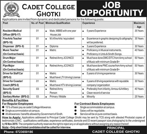 Cadet College Ghotki Jobs 2015 November Teachers, Medical Officer, Dispenser, Drivers & Others