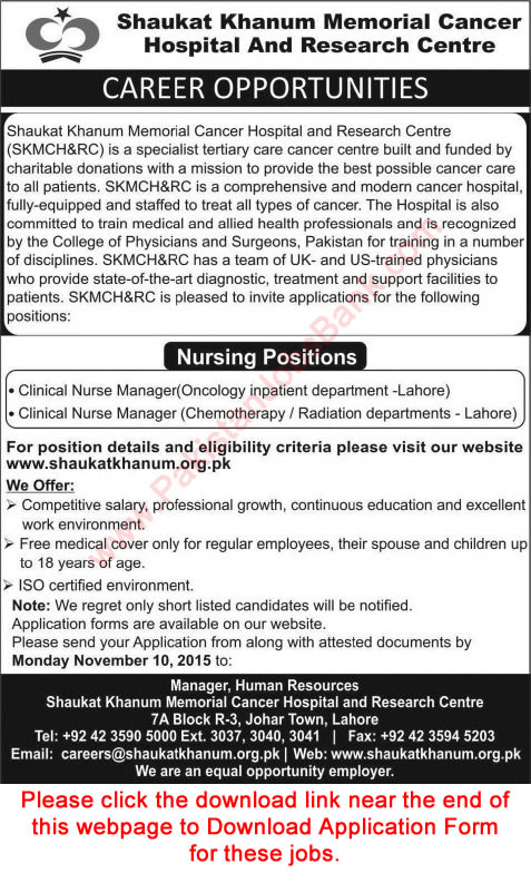 Shaukat Khanum Hospital Lahore Jobs 2015 November Clinical Nurse Managers Latest