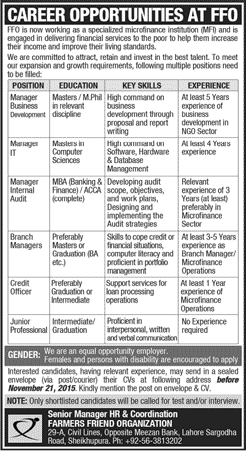 Farmers Friend Organization Jobs 2015 November Managers, Credit Officer & Junior Professional