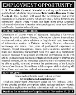US Embassy Karachi Jobs November 2015 Information Resource Center Assistant Latest