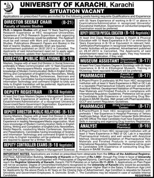 University of Karachi Jobs 2015 November Directors, Pharmacists, Analyst, Museum Assistant & Controller of Examination