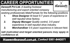 Xarasoft Jobs 2015 November Shoe Designer, Deputy Manager & Merchandiser