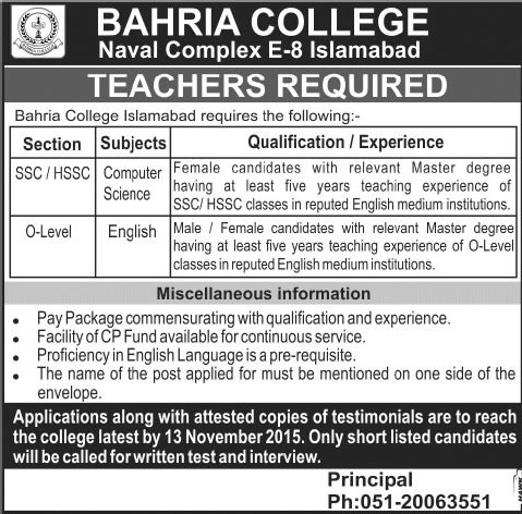 Bahria College Islamabad Jobs 2015 November for Teaching Faculty of Computer Science & English