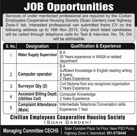 Civilian Employees Cooperative Housing Society Islamabad Jobs 2015 November CECHS Computer Operator & Others