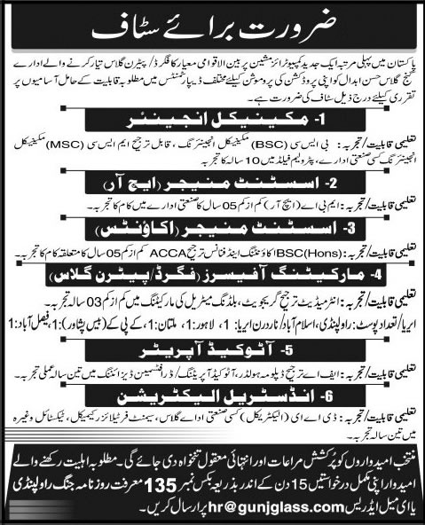 Gunj Glass Hasan Abdal Jobs 2015 November Mechanical Engineer, Marketing Officer & Others