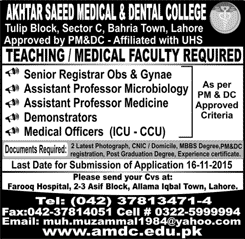 Akhtar Saeed Medical & Dental College Lahore Jobs 2015 November Teaching Faculty & Medical Officers