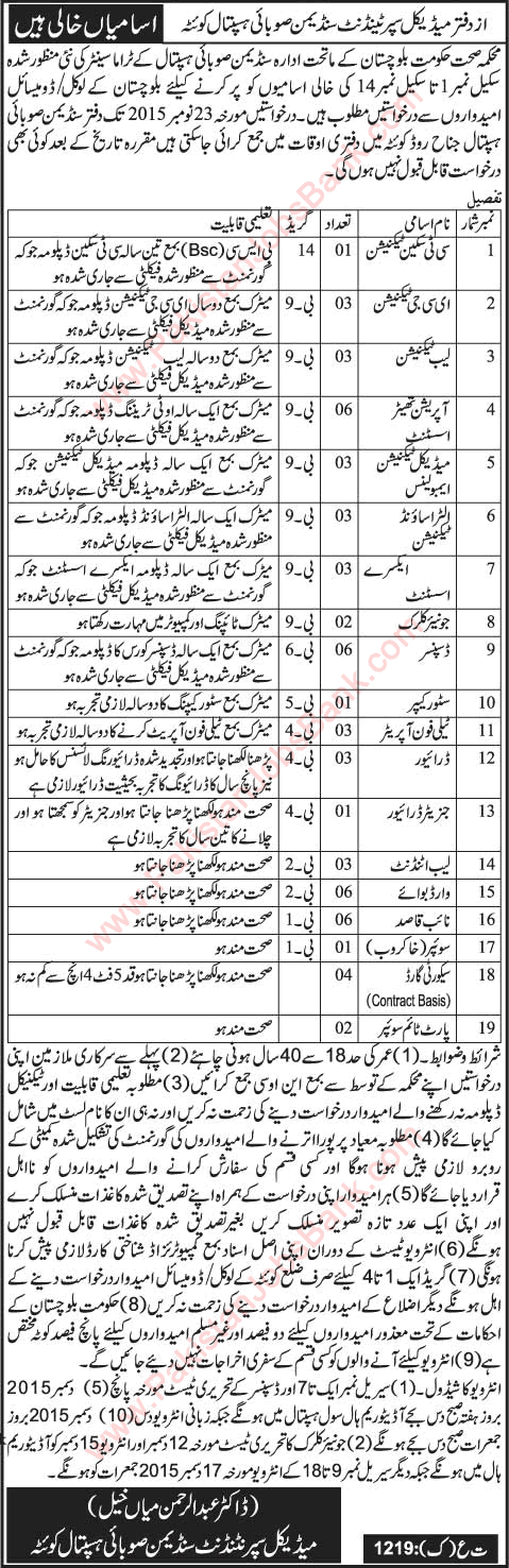 Sandeman Provincial Hospital Quetta Jobs 2015 November Medical Technicians, Admin & Support Staff