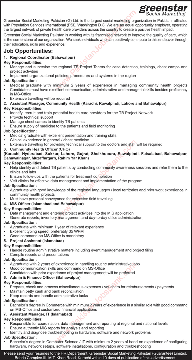 Greenstar Social Marketing Jobs 2015 November Community Health Officers, Regional Coordinators & Others