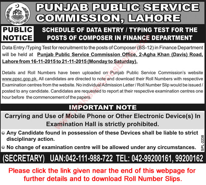 PPSC Typing Test Schedule November 2015 for Composer in Finance Department Roll Number Slip Download