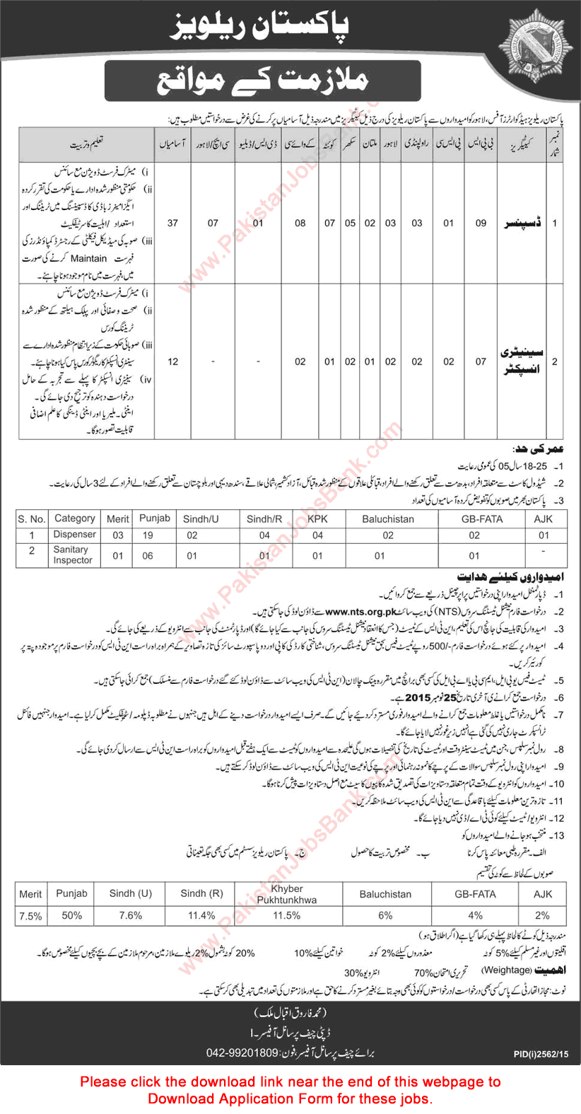 Pakistan Railways Jobs November 2015 NTS Application Form Dispensers & Sanitary Inspectors Latest