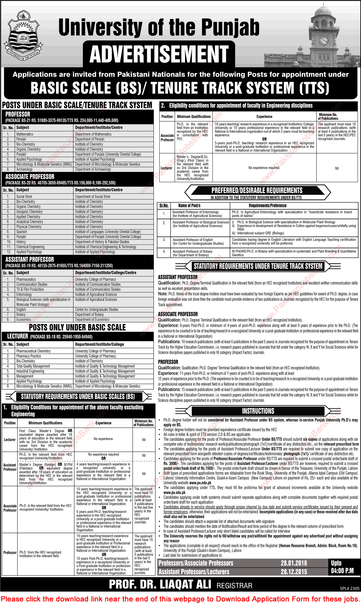 Punjab University Jobs November 2015 Lahore Teaching Faculty Application Form Download Latest Lecturers & Professors