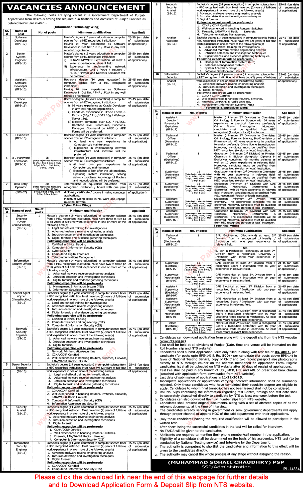 Counter Terrorism Department Punjab Police Jobs November 2015 CTD NTS Application Form Download Latest