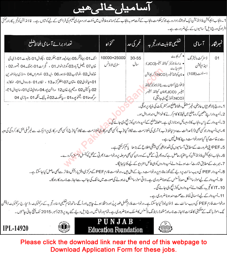 District Monitoring and Evaluation Assistants Jobs in Punjab Education Foundation December 2015 PEF Application Form MEA Latest